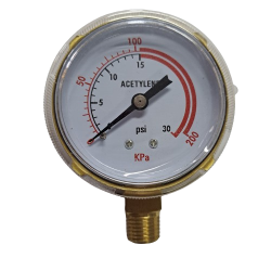 Acetylene Pressure Gauge, 0 - 30 PSI, 2-1/2" Dial 1/4" NPT